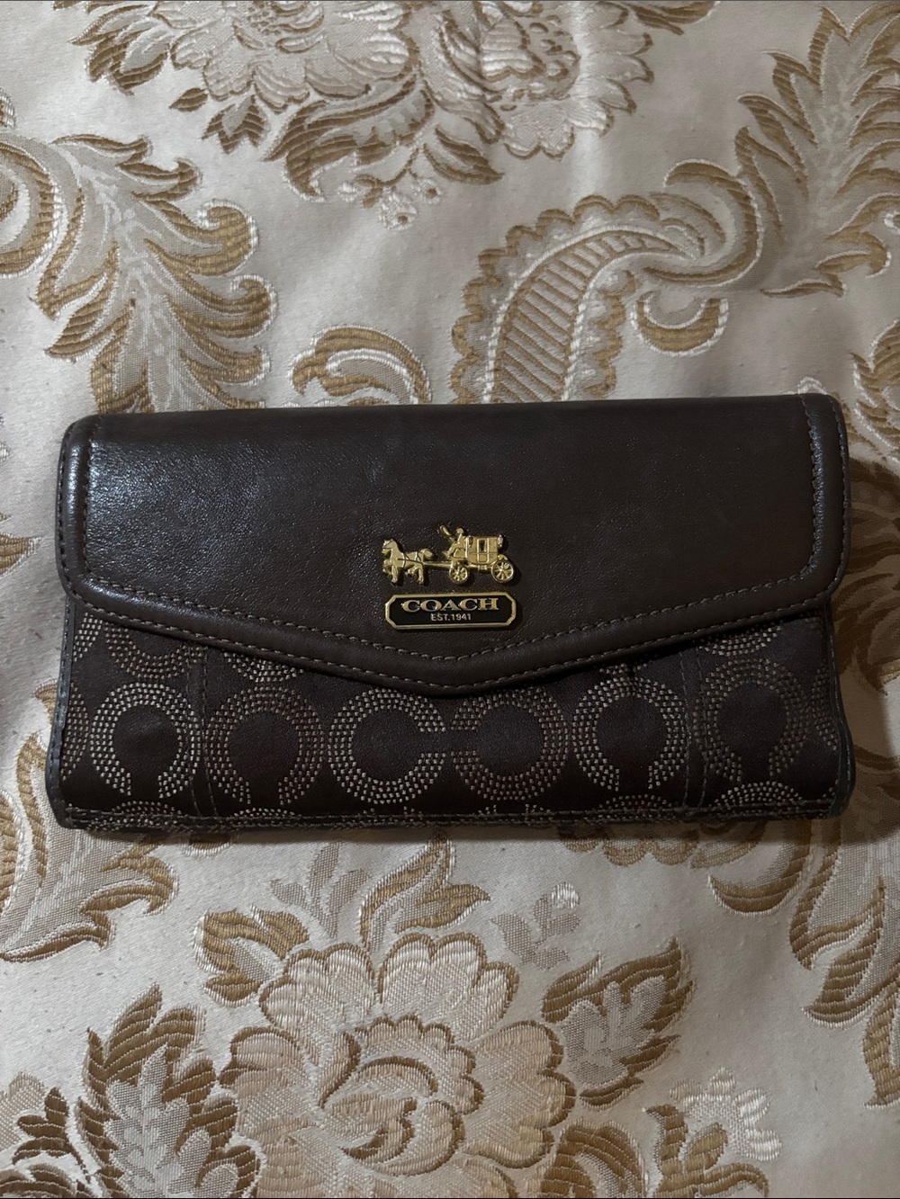 Coach Dark Brown Signature Continental Wallet with Gold Logo